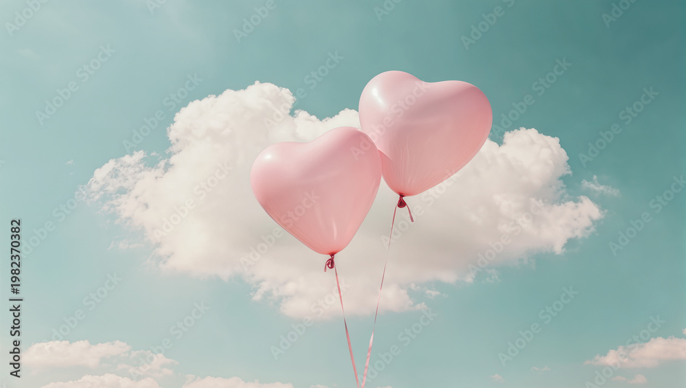 Fototapeta premium Mothers day two pink heart shaped balloons floating in the air with clouds