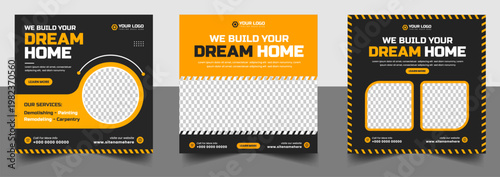 Construction company social media post templates offering custom home building services to create your dream residence with professional expertise and clear call to action options for clients