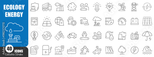 Ecology and Green Energy Line Icons Set – Renewable Power, Sustainability and Environmental Technology Outline Vector Collection