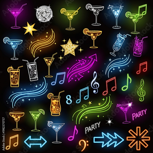 neon cocktail party celebration with music and drinks glowing on dark background