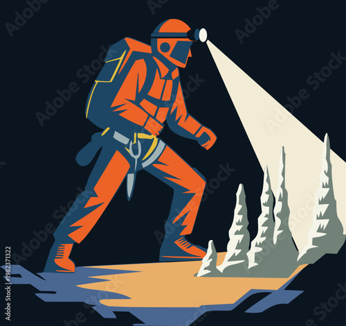 Speleologist exploring cave with flashlight, vector flat illustration of adventurer in underground cavern with stalagmites