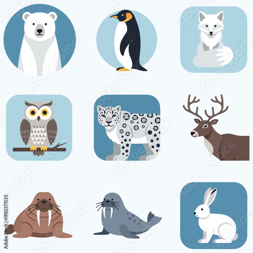 Collection of arctic and antarctic animals illustrated in a flat modern style polar bear arctic fox
