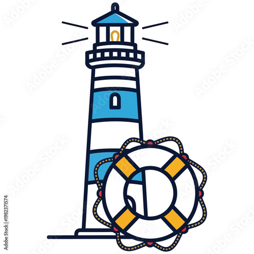 Lighthouse with lifebuoy nautical symbol sea side lighthouse nautical maritime guidance transport