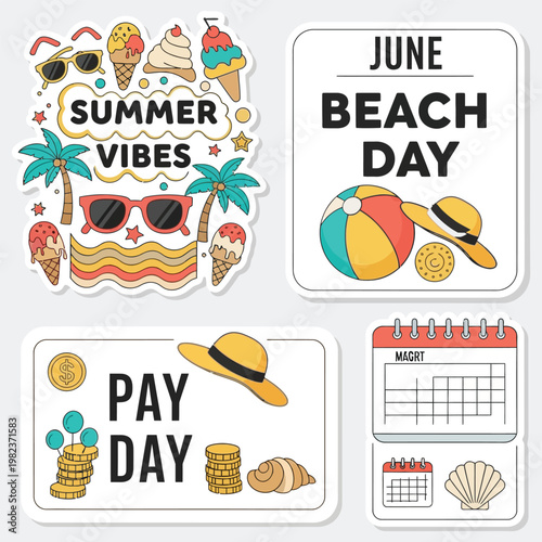 Summer vibes beach day pay day calendar and ice cream sticker pack with palm tree straw hat beach ball