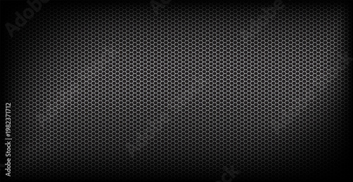 Dark silver hexagonal mesh texture with honeycomb grill pattern, industrial metallic background for automotive and gaming design.