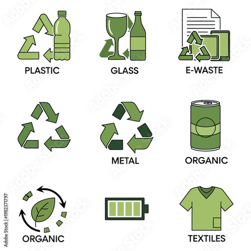 Recycling symbols for different materials graphic with recycling environment sustainability textiles