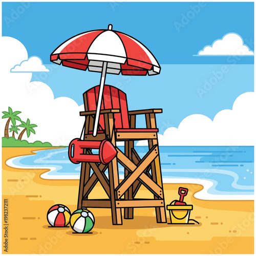 Lifeguard chair and umbrella on beach with ocean and palms palm trees summer vacation beach ball