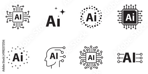 Smart AI agent solid icon set featuring virtual chat bot assistant, digital robot support, machine learning brain, and voice technology automation vector symbols 