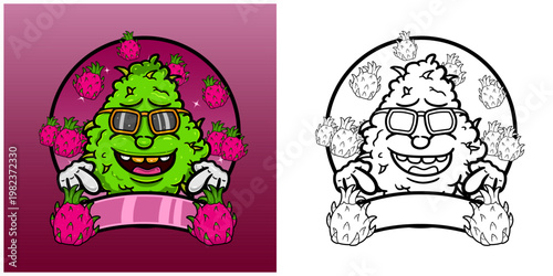 Weed Bud Cartoon With Dragon Fruit Flavor. Weed Design For Logo, Label and Packaging Product.
