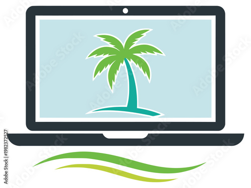 Laptop displaying a tropical palm tree on a beach scene with computer technology internet tropical