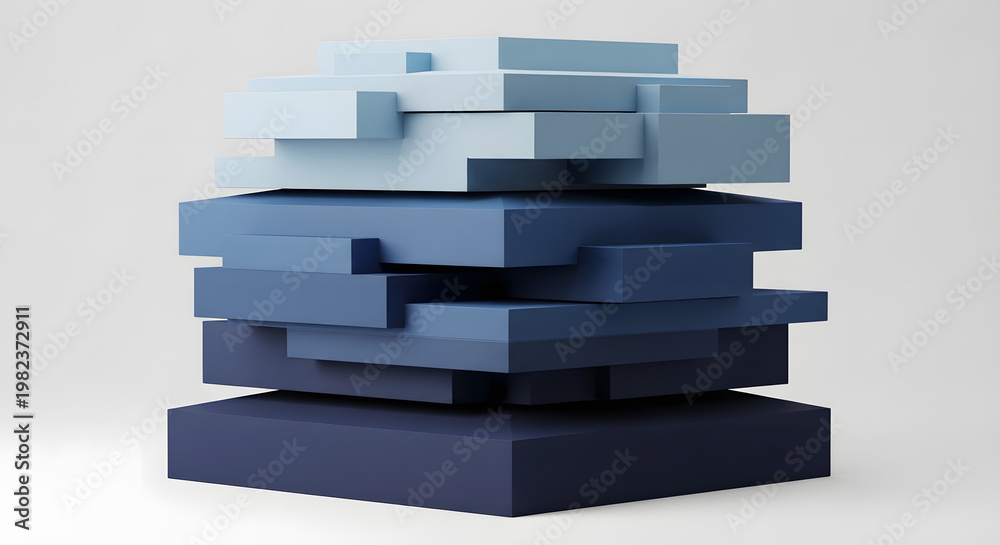 Fototapeta premium 3D Abstract Layered Blocks Structure Background with Blue Geometric Stack
