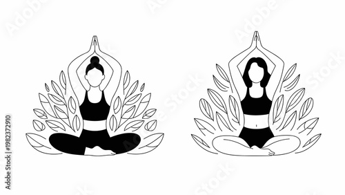 Mindfulness and Wellness Female Figure Outline Set – Yoga and Mental Health Floral Concept