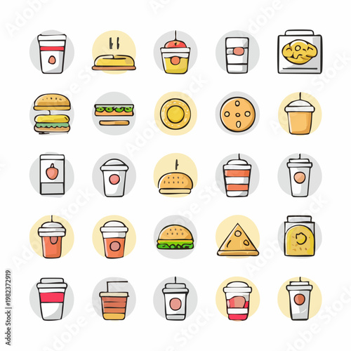 Assorted Fast Food and Beverages Icons Set.