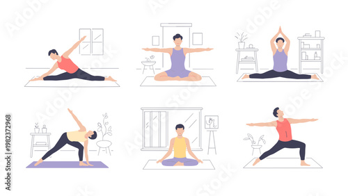 Home Yoga Practice Outline Collection – Yogi Men and Women Healthy Lifestyle Set