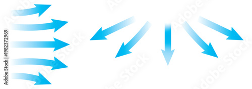 Set of blue arrow showing wind air flow isolated on white background, air direction signs. Air conditioning arrows
