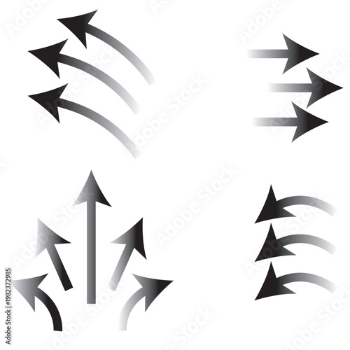 Air flow arrows set. Set of blue arrow showing wind air flow. Vector set of air flow arrows. Blue air flow arrows showing wind circulation and ventilation. Set of blue arrows showing cold air.