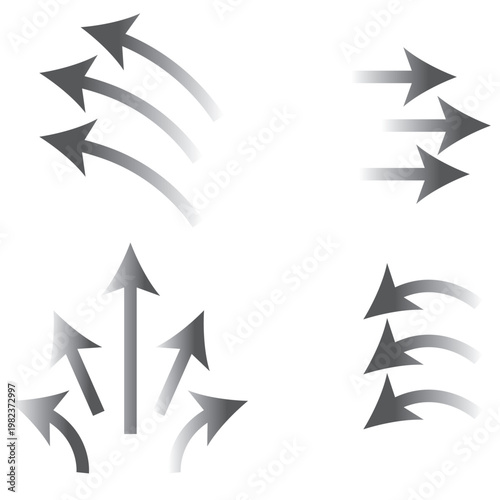 Air flow arrows set. Set of blue arrow showing wind air flow. Vector set of air flow arrows. Blue air flow arrows showing wind circulation and ventilation. Set of blue arrows showing cold air.