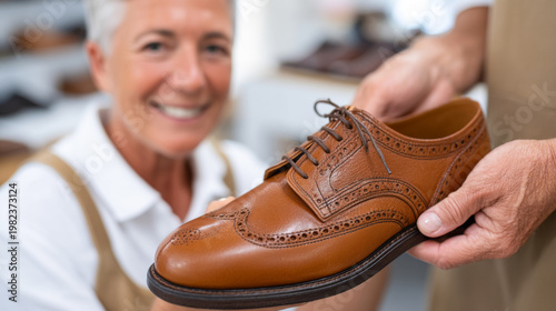 Customer experience in shoe store with retail assistant assisting shoe fitting