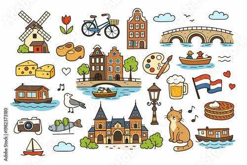 Amsterdam Travel Doodle Set with Cute Hand Drawn City Symbols and Landmarks. Includes Windmill, Bicycle, Canal Houses, Tulip, Cheese, Clogs, and Flag in Simple Flat Line Art Style Illustration.