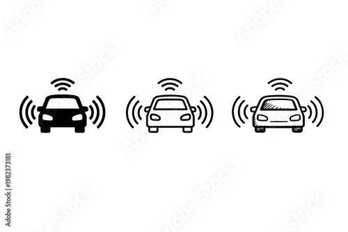 Autonomous self-driving car icon set with sensor waves and wireless signal. Smart vehicle technology symbols in solid, outline, and hand-drawn styles for driverless navigation and automotive.