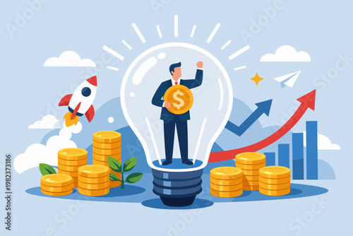 Businessman standing inside a light bulb holding a dollar coin, representing innovative business ideas, startup growth with a rocket, financial success, investment strategy, and creative vision.