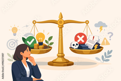 Businesswoman Weighing Pros and Cons on a Golden Scale, Evaluating Risks and Rewards for Strategic Decision Making, Balancing Success and Failure, Growth and Danger in Corporate Management Vector