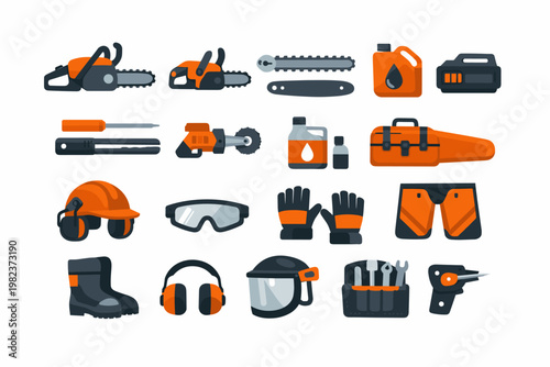 Flat Vector Illustration of Chainsaw Equipment and Safety Gear Icons including Battery Powered Saws, Protective Helmet, Goggles, Gloves, Boots, Fuel Canisters, and Woodcutting Maintenance Tools
