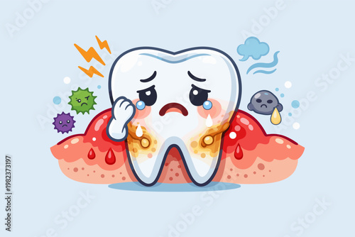 Adorable Cartoon Tooth Character Crying with Swollen Red Gums and Tartar Buildup, Illustrating Periodontal Disease, Gingivitis, and Poor Oral Hygiene Symptoms for Dental Health Education Vector