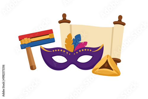 Purim Holiday Symbols Flat Vector Illustration with Colorful Carnival Mask, Wooden Grogger Noisemaker, Megillah Scroll, and Traditional Hamantaschen Cookie for Jewish Festival Celebration Design