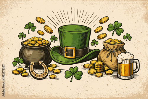 Vintage Hand-Drawn St. Patrick's Day Vector Illustration Featuring a Green Leprechaun Hat, Pot of Gold, Lucky Shamrocks, Horseshoe, and Beer Mug for Festive Irish Celebration and Sale Banners