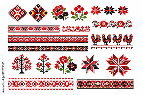 Set of Traditional Ukrainian Embroidery Ornaments and Patterns in Geometric Cross-Stitch Style. Ethnic Folk Vyshyvanka Designs with Floral, Rooster, and Star Motifs for Textiles and Decor.