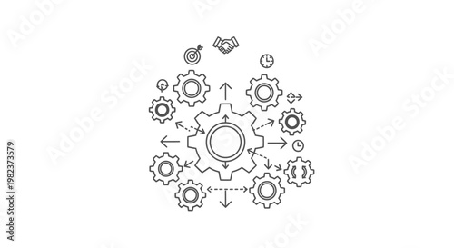 Gears rotate around a central mechanism to symbolize complex organizational processes and synchronized teamwork within a corporate structure that is designed for efficiency and steady business.