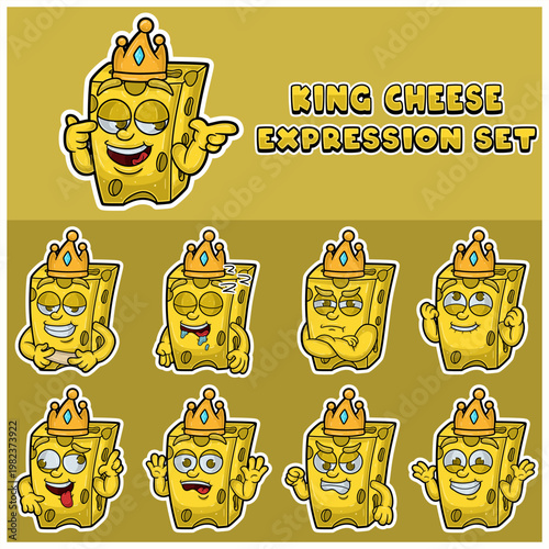 Cartoon Mascot Of  Cheese Character with king and expression set.