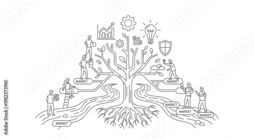 Employees working around a digital tree with roots and market labels represents the collaborative effort of a diverse team building a sustainable business structure through innovation and hard work.