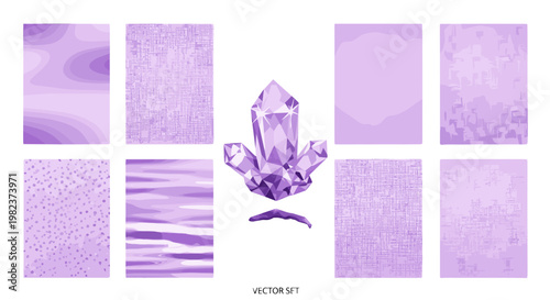 Collection of purple crystals and mineral samples on textured background