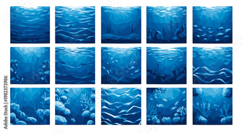Collection of blue water surface textures with ripples and waves