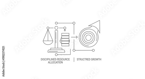 Scales of justice balancing resources next to a target icon visualize the concept of disciplined resource allocation leading directly to structured growth and achievement of corporate objectives.