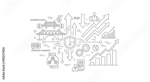 Shield emblem sits at the center of a complex financial diagram featuring bridges, currency symbols, and growth charts to depict risk management, diversification, and strategic investment planning.