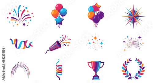 Celebration and party icons with balloons fireworks and trophy