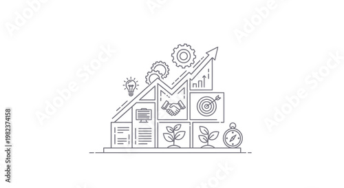 Bar chart with an upward arrow represents business growth through strategic planning, goal setting, and sustainable development while incorporating symbols of partnership and innovation for success.