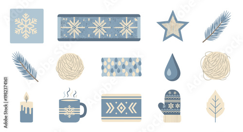 Collection of winter holiday icons including snowflakes candles and stars