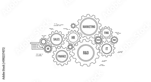 Gears representing corporate departments like sales, marketing, finance, and human resources are linked together to illustrate a cohesive and integrated organizational structure within a business.