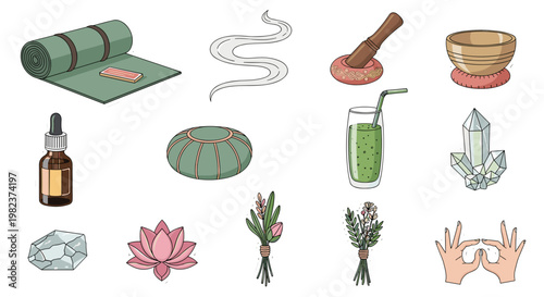 Collection of traditional and spiritual objects including incense and lotus