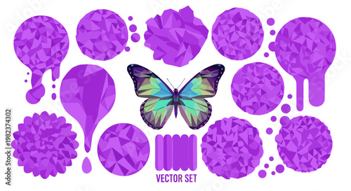 Colorful butterfly surrounded by purple floral shapes