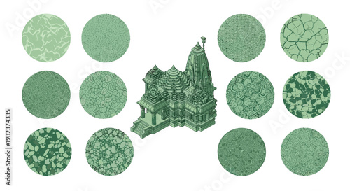 Set of various green moss patches and a central mosscovered rock