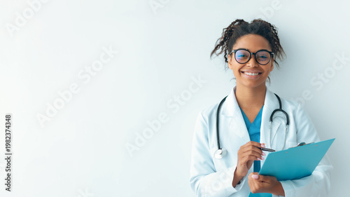 A young female doctor stands by a white wall in an office. She smiles while holding a clipboard. She wears a white coat and has glasses on. Her stethoscope hangs around her neck.