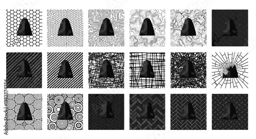 Collection of black and white silhouette images of mountain peaks