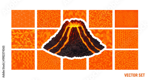 Vector illustration of erupting volcano with lava and smoke on orange background
