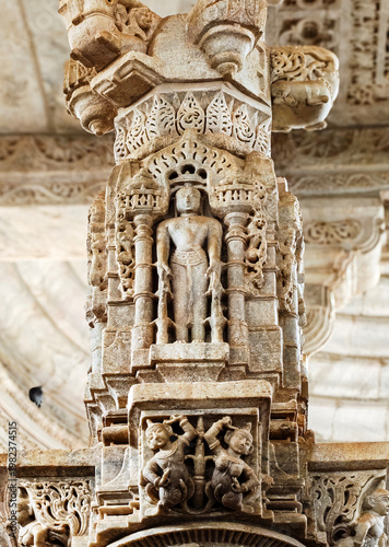 Ranakpur Jain Temple in Rajasthan, built in the 15th century and dedicated to Adinatha, is famed for its marble design, 1,444 unique pillars, symmetry, and serene spiritual ambiance.