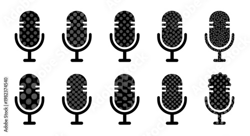 Collection of vintage microphone icons in black and white style